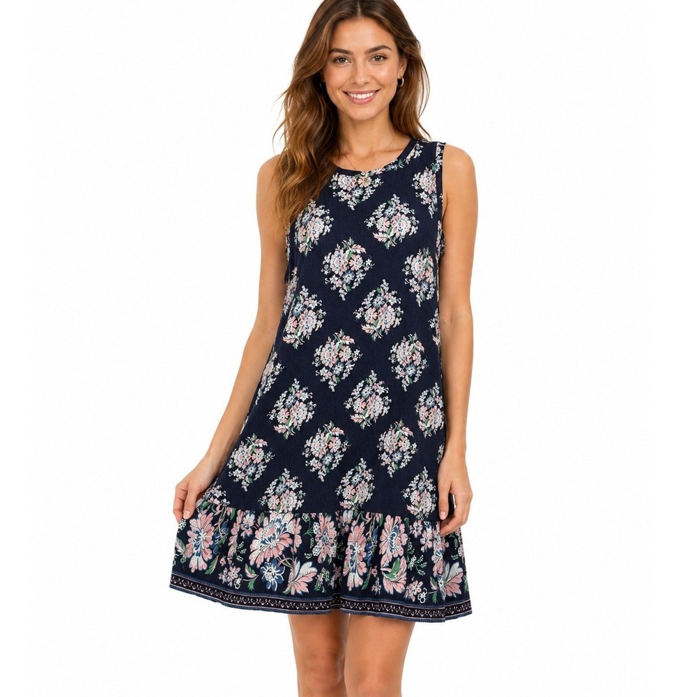 Loft Outlet Navy Blue Floral Medallion Ruffle Hem Sleeveless Shift Dress | Small